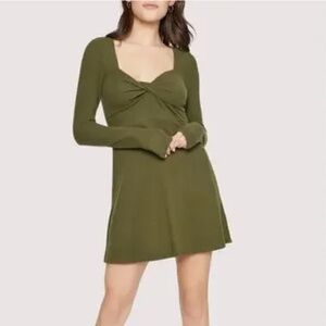 Lost + Wander Endlessly Evergreen Dress Twist Front Long Sleeve Mini Olive Oil L